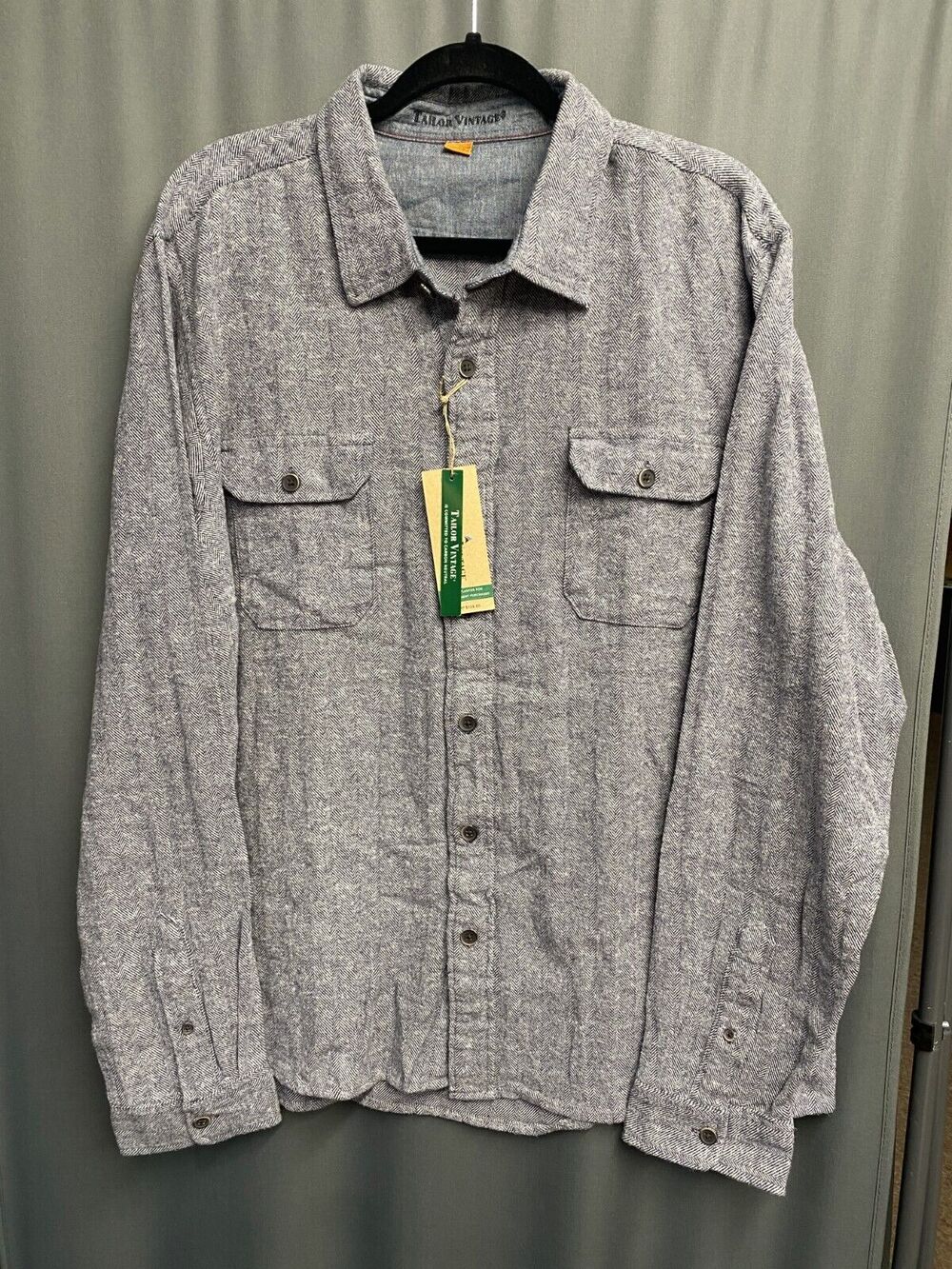 Tailor Vintage Shirt Men's XXL Gray Herringbone 100% Cotton Long Sleeve A35